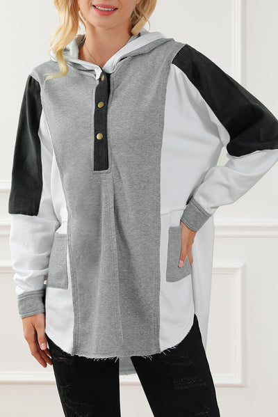 Gray Color Block Exposed Seam Buttoned Neckline Hoodie-Tops-MomFashion