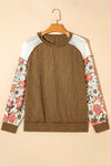 Brown Floral Patchwork Puff Sleeve Textured Blouse-Tops-MomFashion