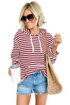 Burgundy Stripe Kangaroo Pocket Drawstring Hoodie-Tops-MomFashion