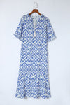 Sky Blue V Neck Casual Geometric Print Maxi Dress-Dresses-MomFashion