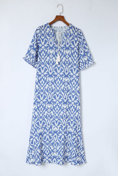 Sky Blue V Neck Casual Geometric Print Maxi Dress-Dresses-MomFashion