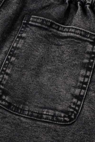 Black Vintage Washed Frilled High Waist Denim Shorts-Bottoms-MomFashion