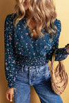 Blue Lace Trim V Neck Floral Smocked Long Sleeve Blouse-Tops-MomFashion