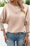 Smoke Gray Shirred Dolman Sleeve Satin Blouse-Tops-MomFashion