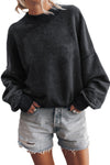 Black Drop Shoulder Crew Neck Pullover Sweatshirt-Tops-MomFashion