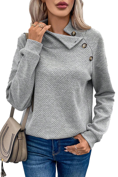 Gray Asymmetric Buttons Detail High Neck Textured Sweatshirt-Tops-MomFashion