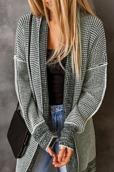 Gray Plaid Knitted Long Open Front Cardigan-Tops-MomFashion