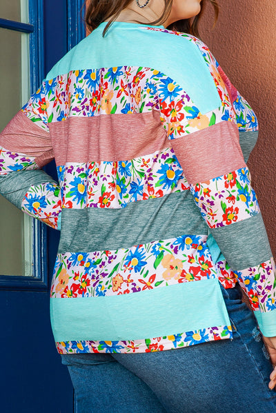 Pink Stripe Plus Size Colorblock Pullover Top-Plus Size-MomFashion
