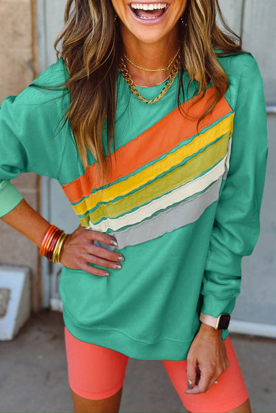 Mint Green Rainbow Colorblock Striped Pullover Sweatshirt-Tops/Sweatshirts & Hoodies-MomFashion