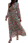 Green Floral Print Deep V Neck Ruched Cinched Waist Maxi Dress-Dresses-MomFashion