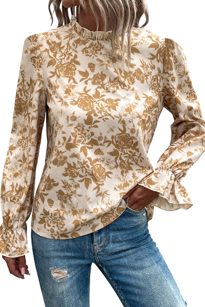 White Floral Print Frilled Neckline Flounce Sleeve Blouse-Tops-MomFashion