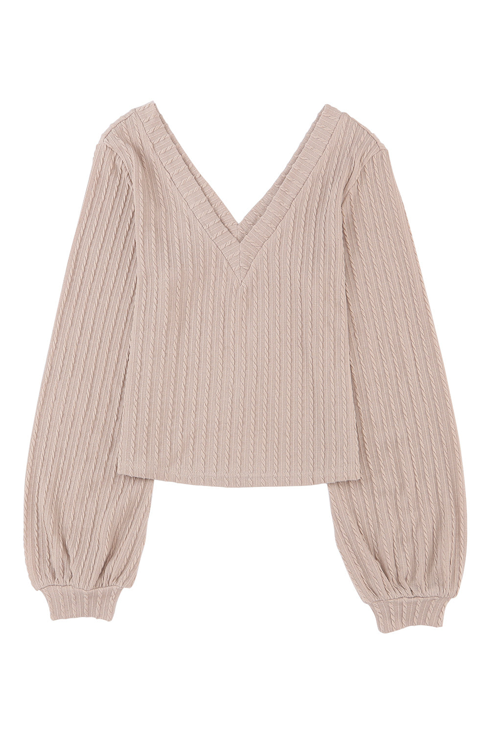 Khaki Knitted Jacquard V Neck Lantern Sleeve Top-Tops-MomFashion