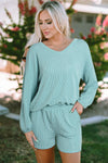 Mist Blue Corded V Neck Slouchy Top Pocketed Shorts Set-Loungewear-MomFashion