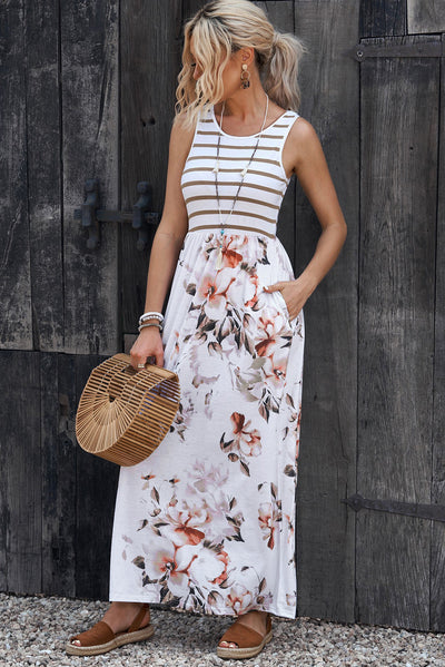 White Striped Floral Print Sleeveless Maxi Dress with Pocket-Dresses-MomFashion