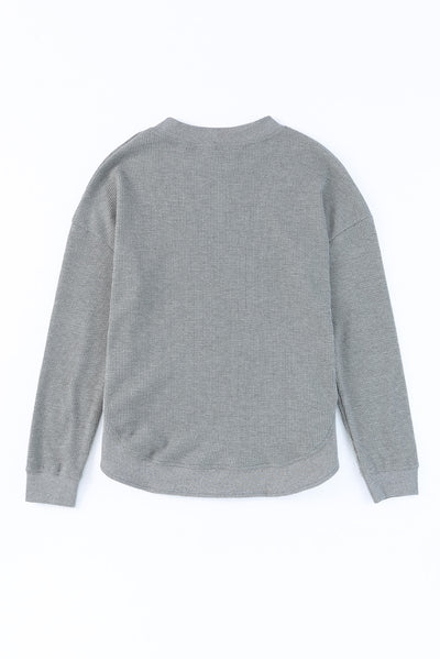 Gray Crew Neck Ribbed Trim Waffle Knit Top-Tops-MomFashion