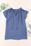 Blue Tiered Ruffled Drawstring V Neck Top-Tops-MomFashion