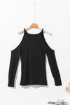 Black Marble Knit Cold Shoulder Long Sleeve Top-Tops-MomFashion