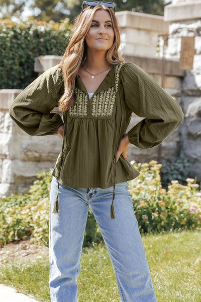 Green Embroidered Split Neck Pleated Loose Blouse-Tops-MomFashion