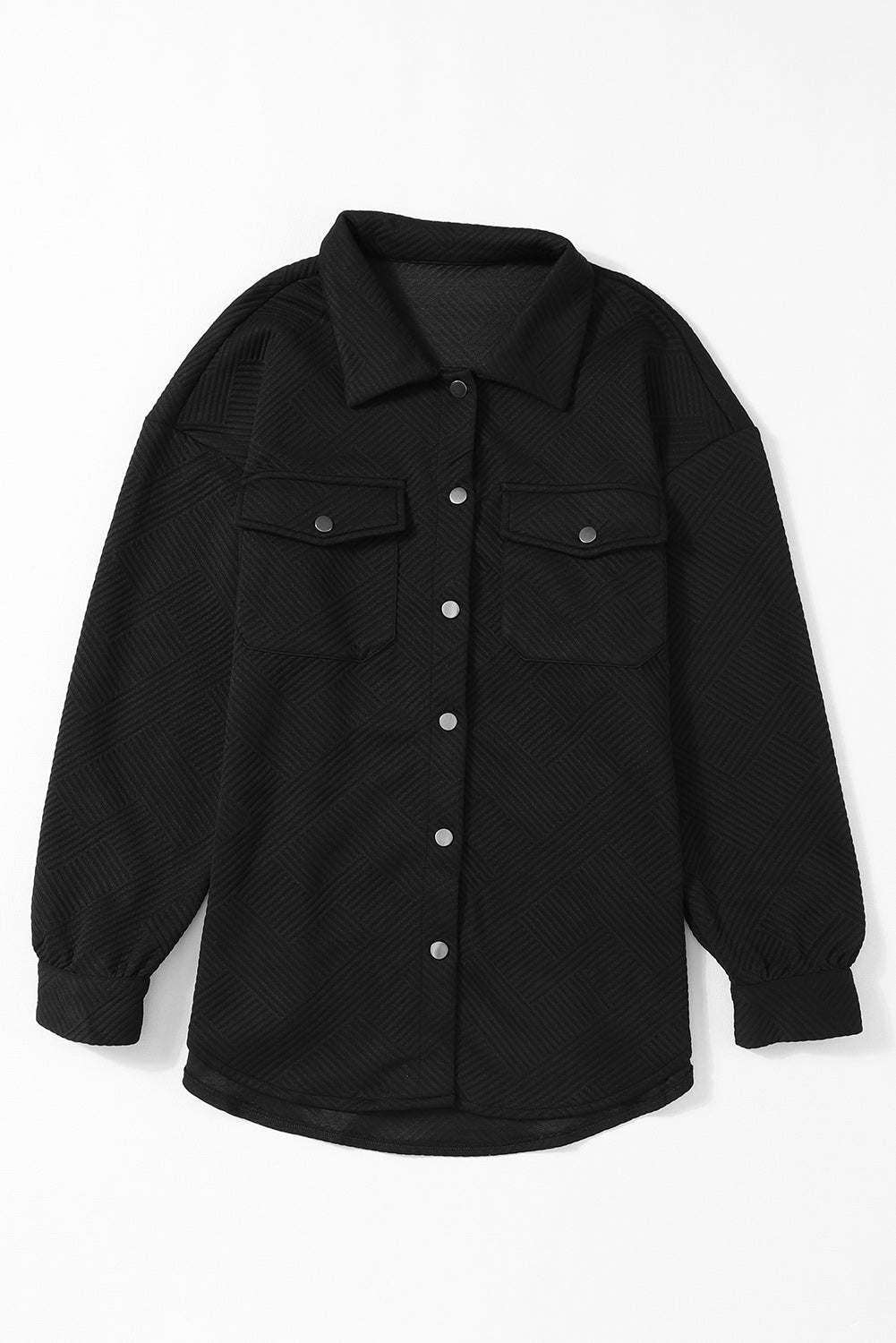 Black Solid Textured Flap Pocket Buttoned Shacket-Outerwear-MomFashion
