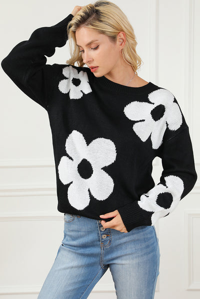 Black Big Flower Pattern Knit Sweater-Tops-MomFashion