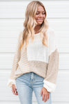 Oatmeal Mixed Pattern Knit Tie Keyhole Drop Shoulder Sweater-Tops-MomFashion