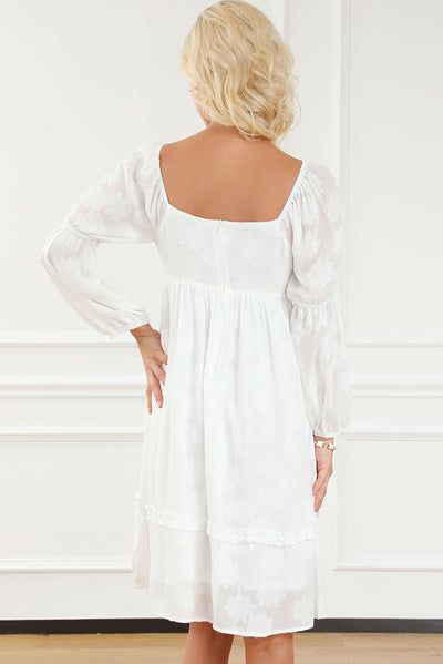 White Jacquard Square Neck Bubble Sleeve Dress-Dresses-MomFashion