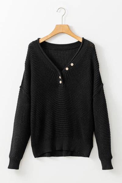 Black Pointelle Knit Button V Neck Drop Shoulder Sweater-Tops-MomFashion