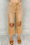 Brown Distressed Hollow-out High Waist Cropped Flare Jeans-Bottoms-MomFashion