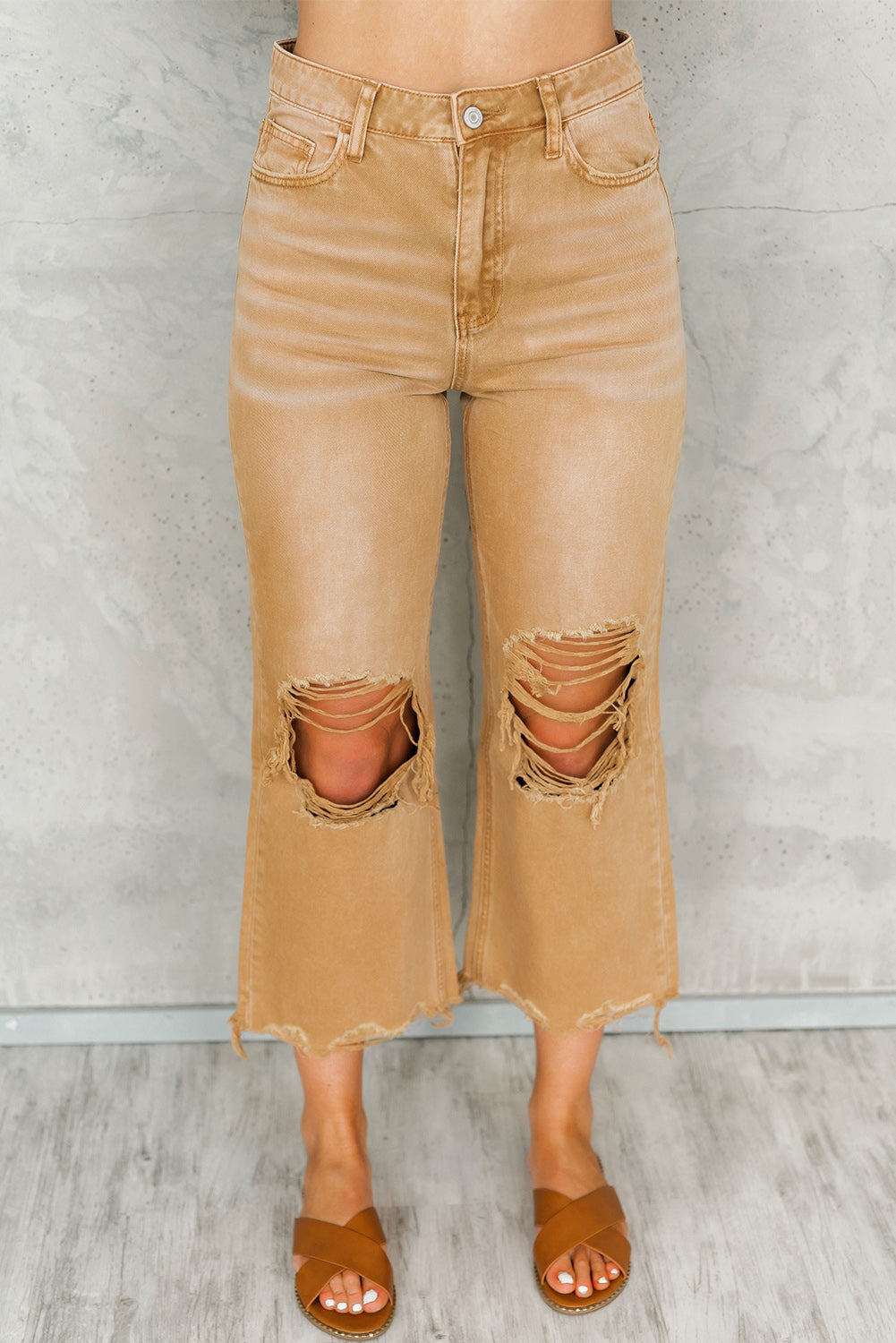Brown Distressed Hollow-out High Waist Cropped Flare Jeans-Bottoms-MomFashion