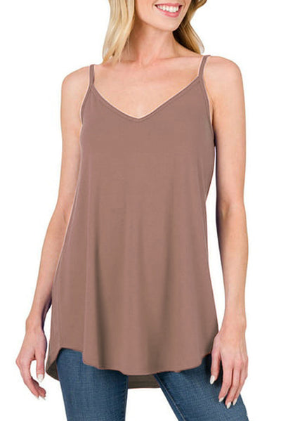 Clay Spaghetti Strap V-Neck Flowy Tunic Tank Top-Tops-MomFashion