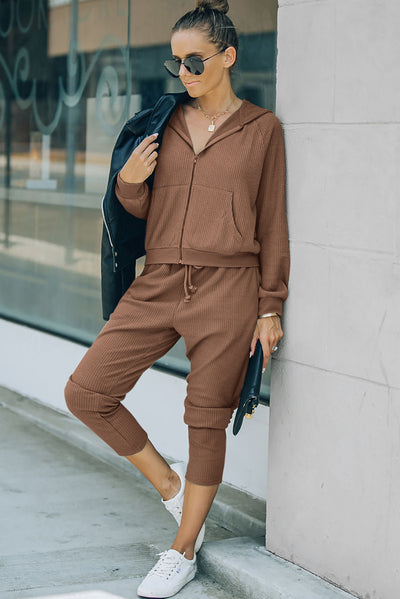 Brown Waffle Knit Zip-Up Hoodie and Pants Athleisure Outfit-Activewear-MomFashion