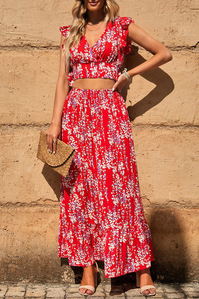 Fiery Red Multicolor Floral Ruffled Crop Top and Maxi Skirt Set-Dresses-MomFashion