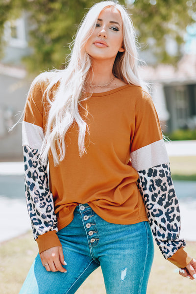 Brown Leopard Sequin Patchwork Long Sleeve Top-Tops-MomFashion