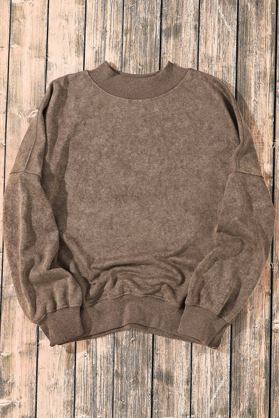 Brown Drop Shoulder Crew Neck Pullover Sweatshirt-Tops-MomFashion