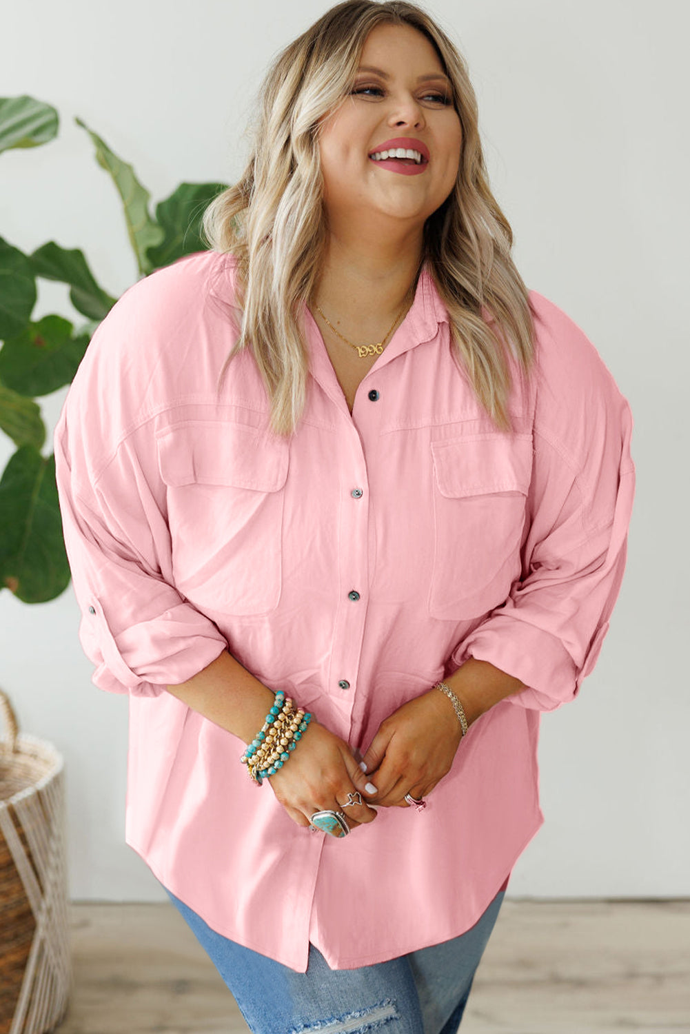 Pink Flap Pocket Tab Sleeve Button-Down Plus Size Shirt-Plus Size-MomFashion