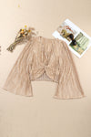 Camel Pleated Bell Sleeve Twist V Neck Cropped Blouse-Tops-MomFashion