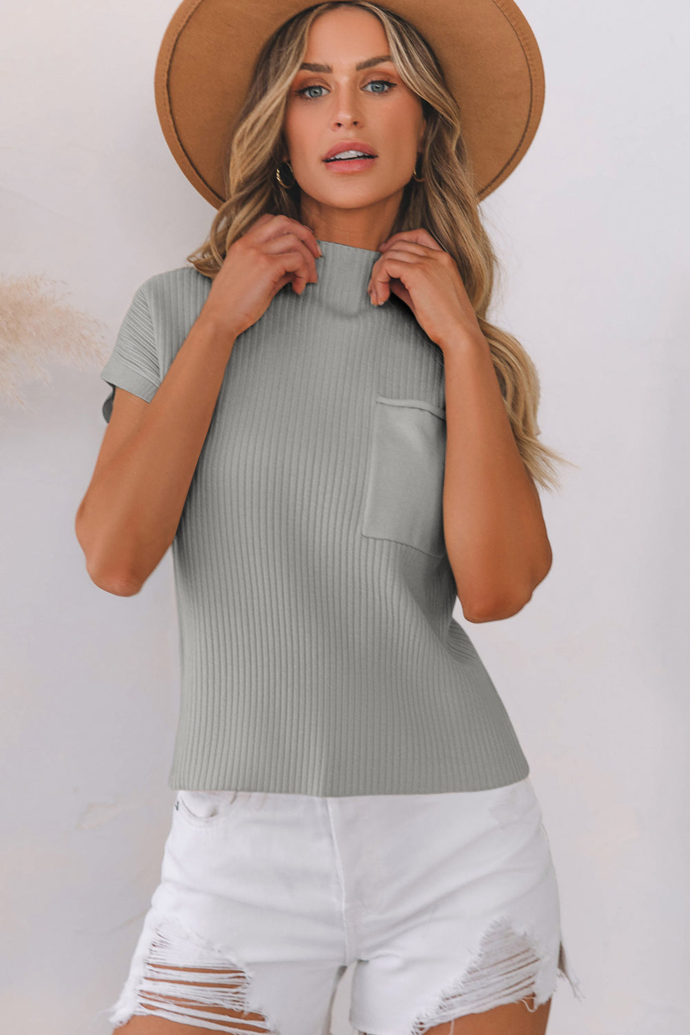 Gray Patch Pocket Ribbed Knit Short Sleeve Sweater-Tops-MomFashion