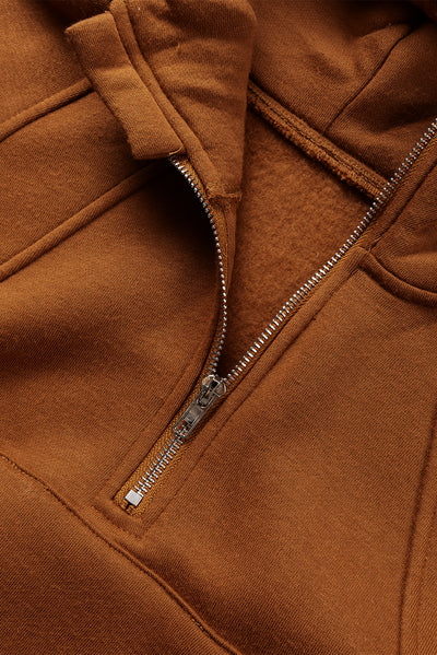 Brown Quarter Zip Kangaroo Pocket Hoodie-Tops-MomFashion