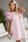 Pink Round Neck Ruffle Shift Mini Dress-Dresses-MomFashion