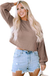 Khaki Cording Drop Shoulder Puff Sleeve Casual Long Sleeve Top-Tops-MomFashion