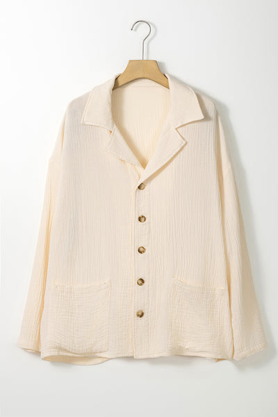 White Crinkle Textured Lapel Collar Buttoned Shirt-Tops-MomFashion