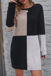 Black Ribbed Color Block Drop Shoulder Long Sleeve Mini Dress-Dresses-MomFashion