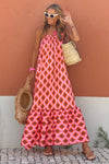 Fiery Red Geometric Print Loose Fit Sleeveless Maxi Dress-Dresses-MomFashion