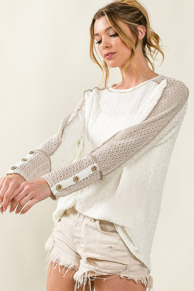 White Exposed Seam Textured Patch Buttoned Sleeve Top-Tops-MomFashion