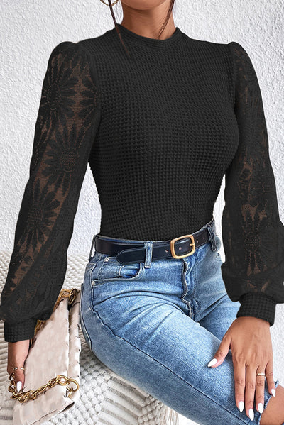 Black Sunflower Mesh Bubble Sleeve Waffle Knit Top-Tops-MomFashion