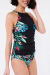 Black Leaf & Flower Print Ruched Tankini Set-Swimwear-MomFashion