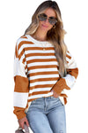 Brown Stripe Drop Shoulder Striped Pullover Sweatshirt-Tops-MomFashion