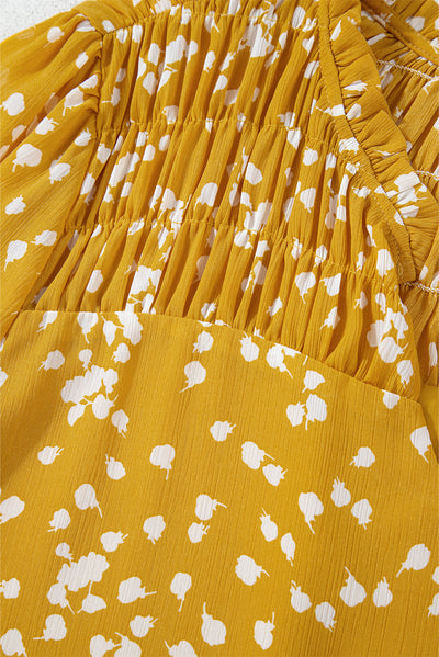 Yellow Plus Size Floral Print Ruched Split Neck Blouse-Plus Size-MomFashion