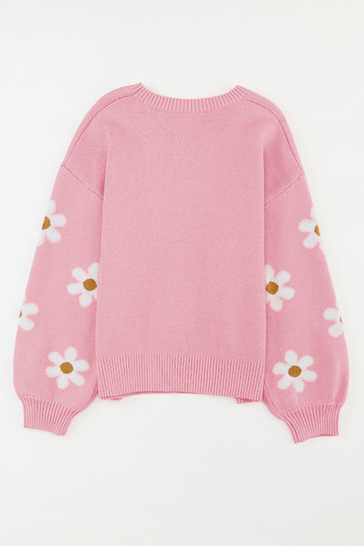 Pink Floral Pattern Drop Shoulder Sweater-Tops-MomFashion