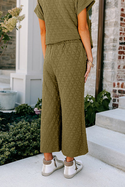 Sage Green Quilted Short Sleeve Wide Leg Pants Set-Loungewear-MomFashion